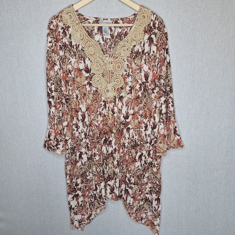 💙 Catherine's Lightweight Stretch Blouse Tunic Size 3X Boho Cottage Floral Wide